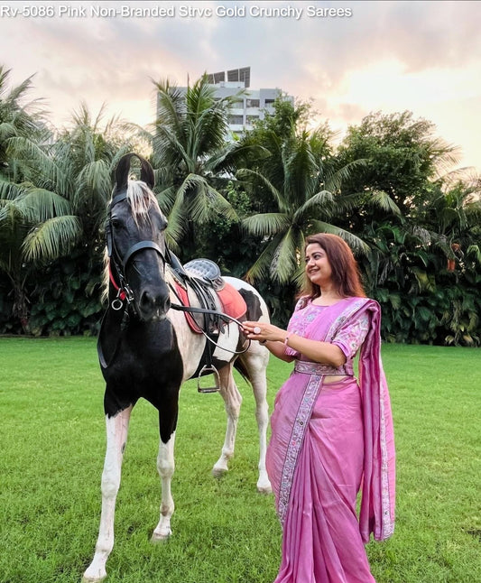 Rv-5086 Pink Non-Branded Strvc Gold Crunchy Sarees