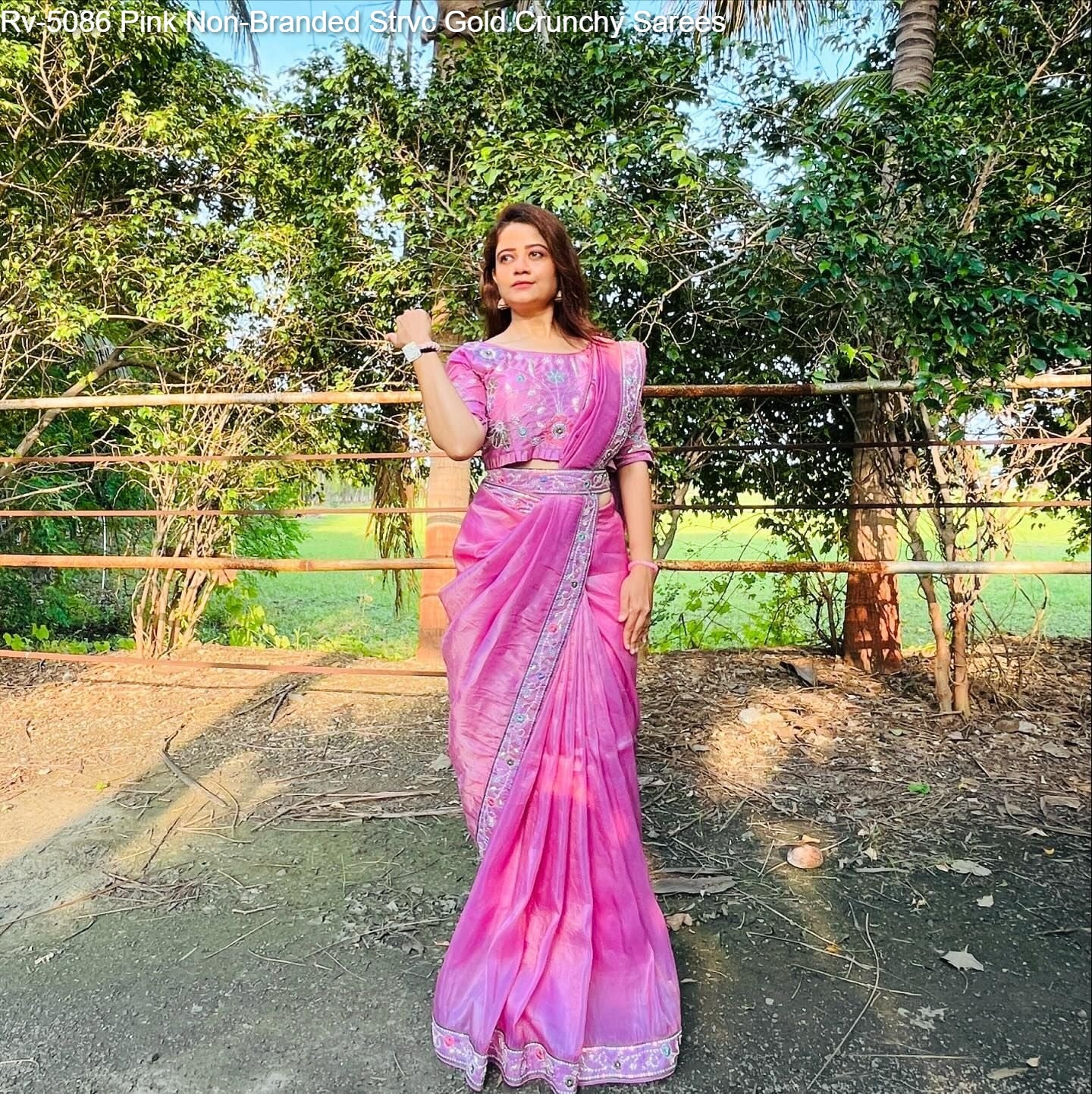 Rv-5086 Pink Non-Branded Strvc Gold Crunchy Sarees