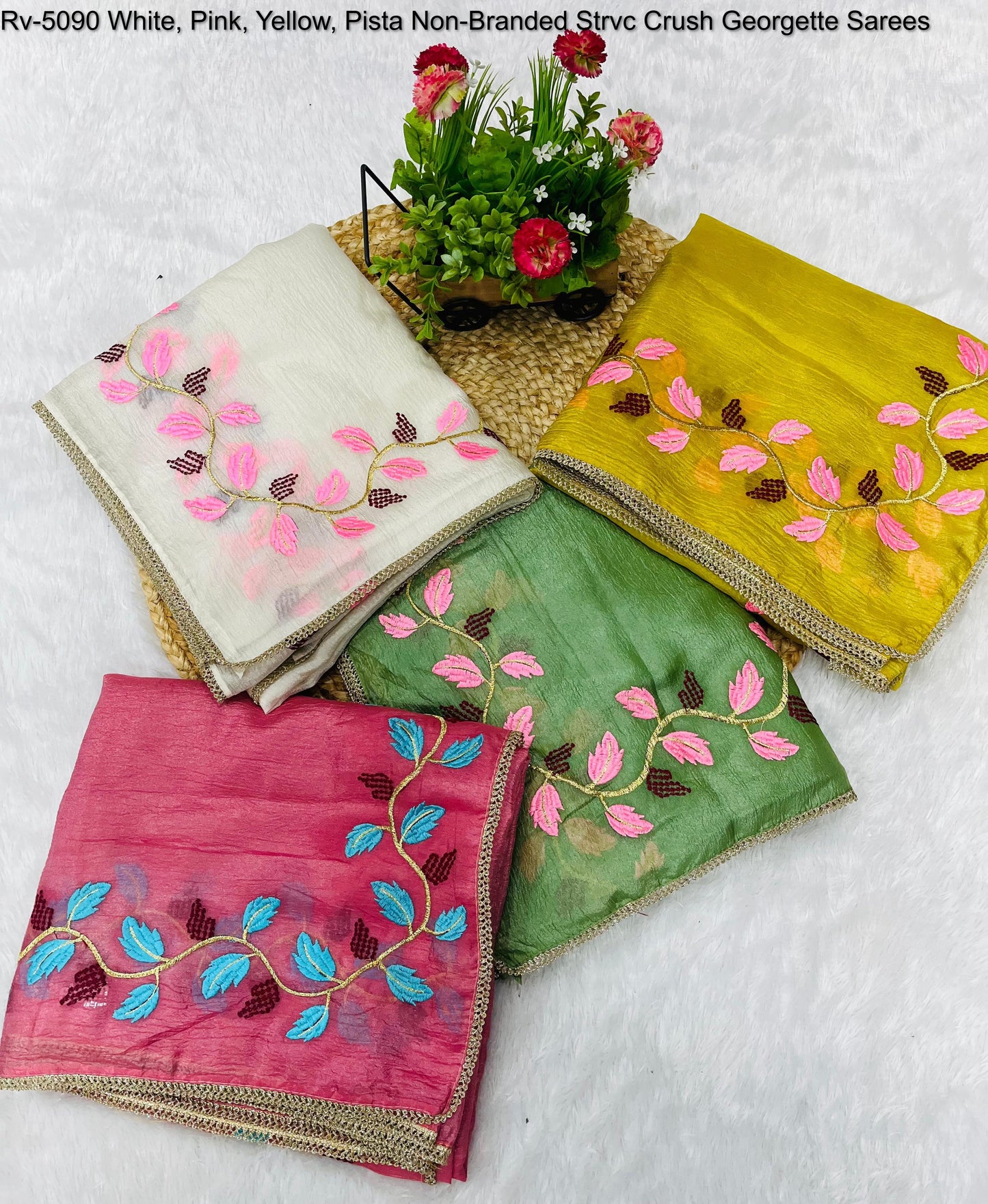 Rv-5090 White, Pink, Yellow, Pista Non-Branded Strvc Crush Georgette Sarees