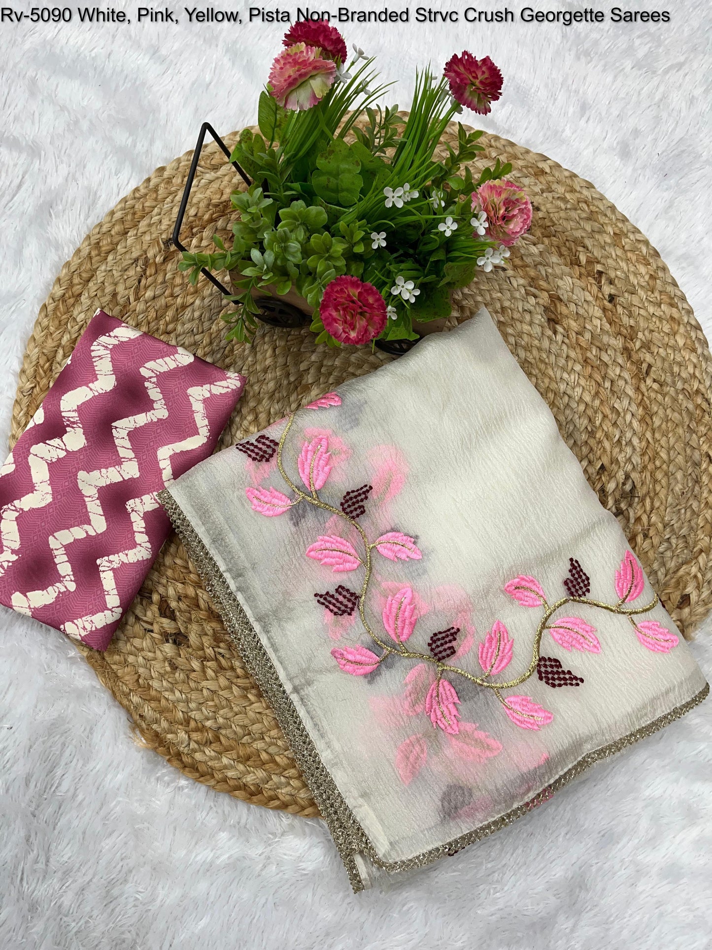 Rv-5090 White, Pink, Yellow, Pista Non-Branded Strvc Crush Georgette Sarees