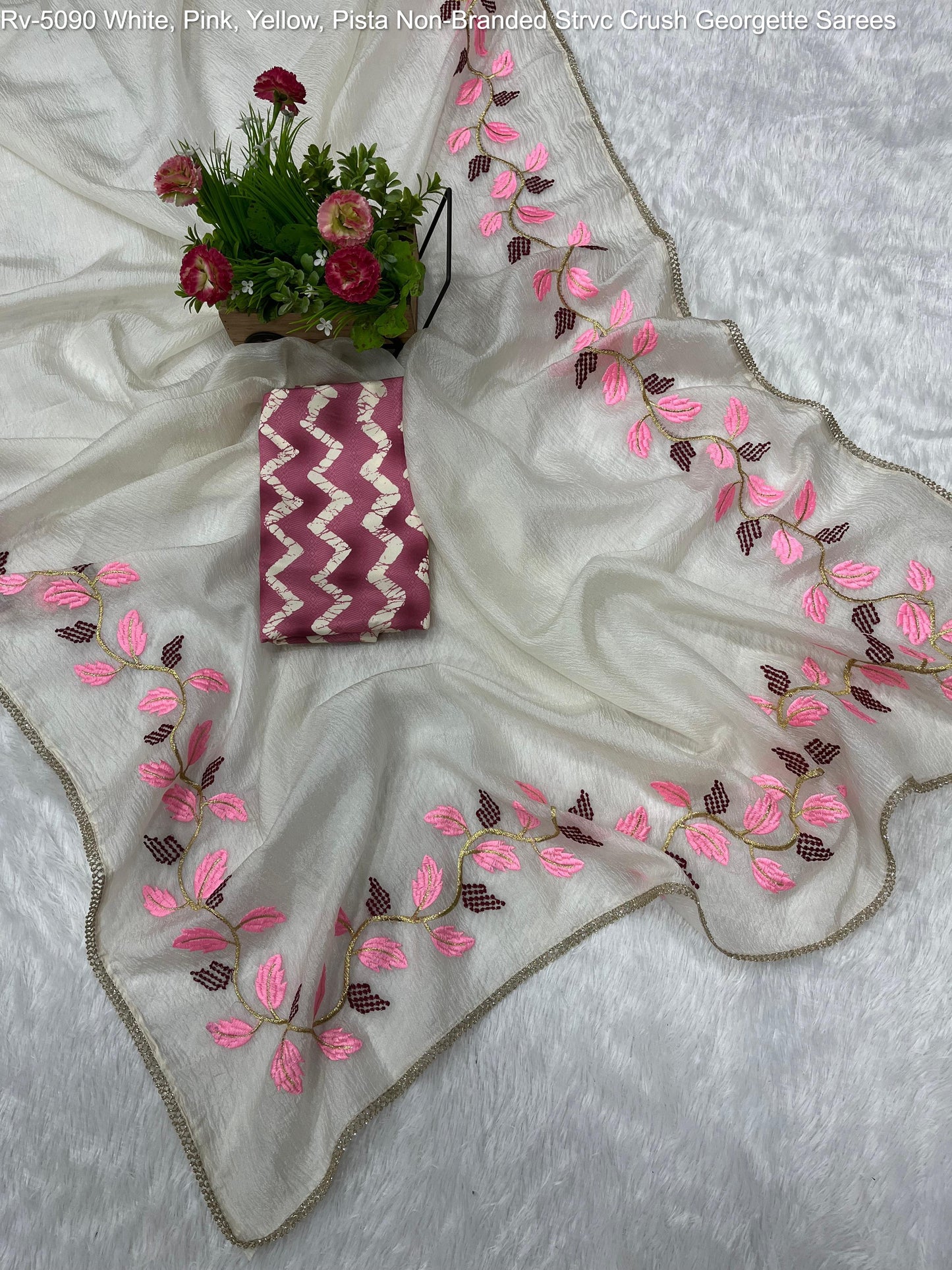 Rv-5090 White, Pink, Yellow, Pista Non-Branded Strvc Crush Georgette Sarees