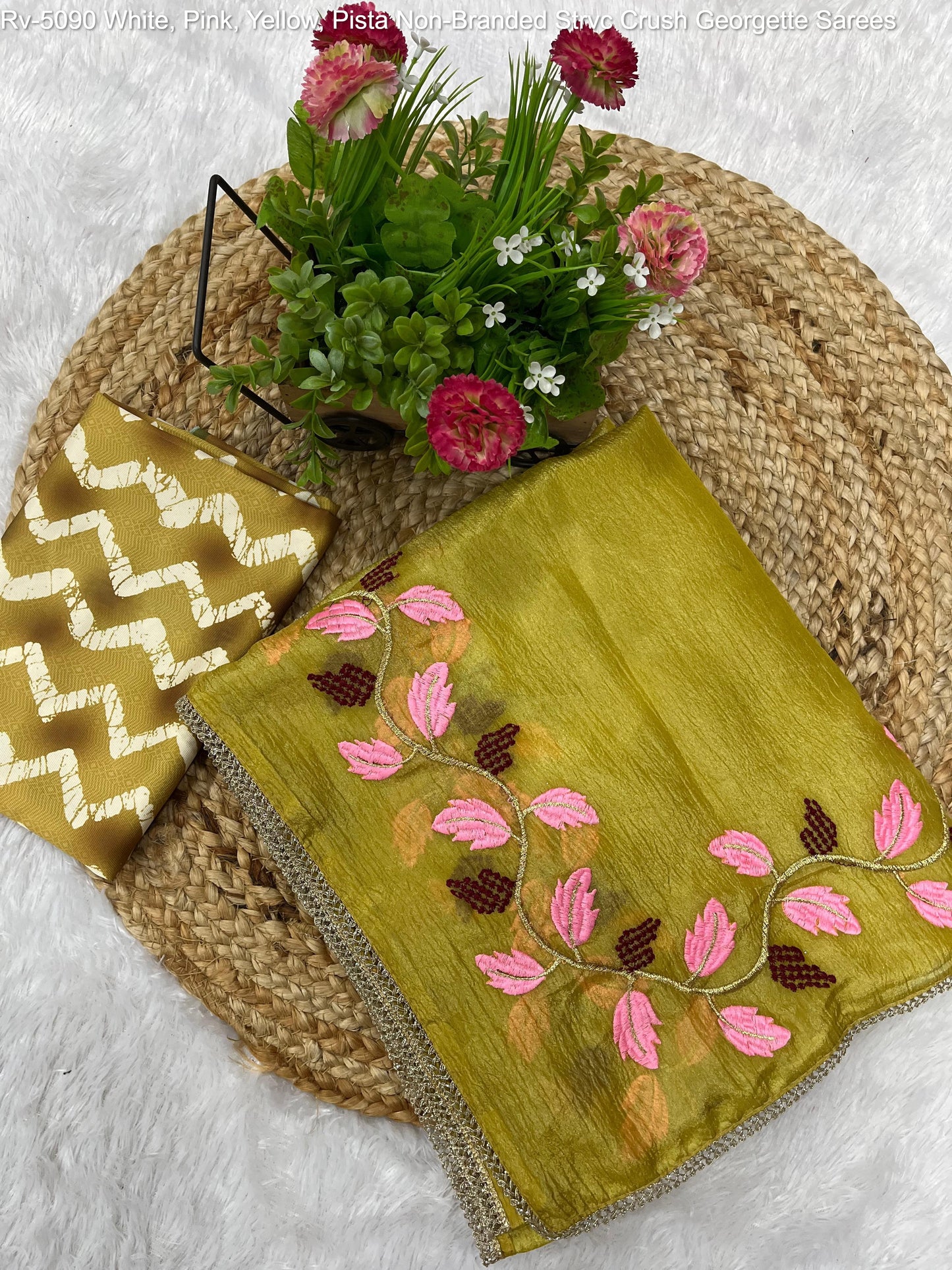 Rv-5090 White, Pink, Yellow, Pista Non-Branded Strvc Crush Georgette Sarees