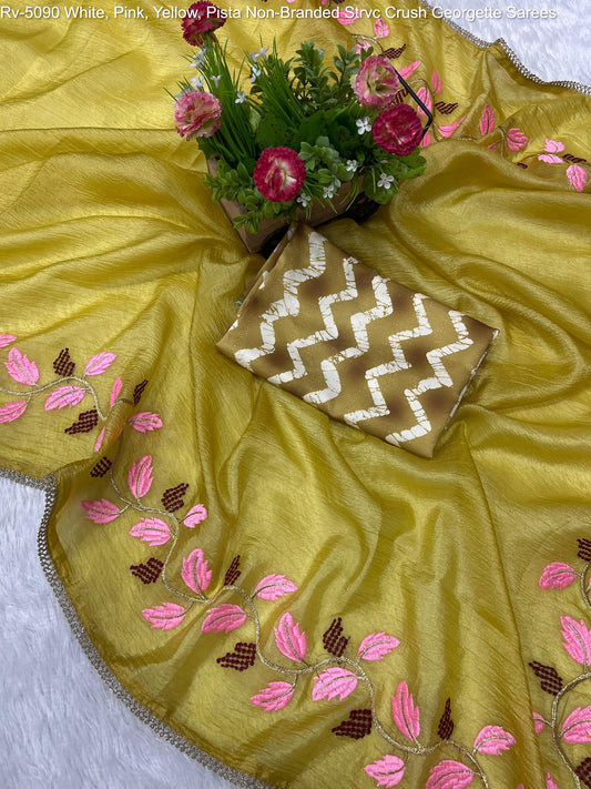 Rv-5090 White, Pink, Yellow, Pista Non-Branded Strvc Crush Georgette Sarees