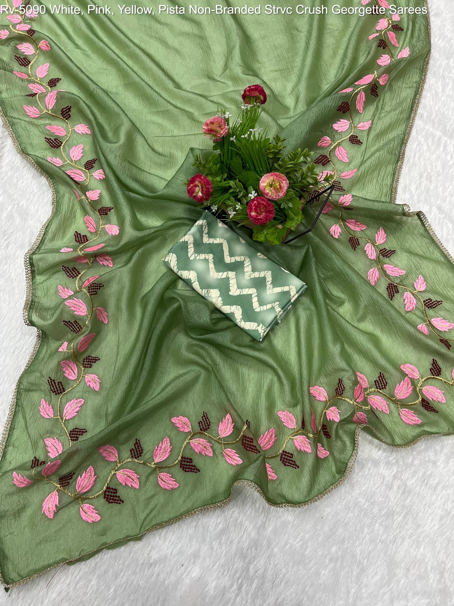 Rv-5090 White, Pink, Yellow, Pista Non-Branded Strvc Crush Georgette Sarees