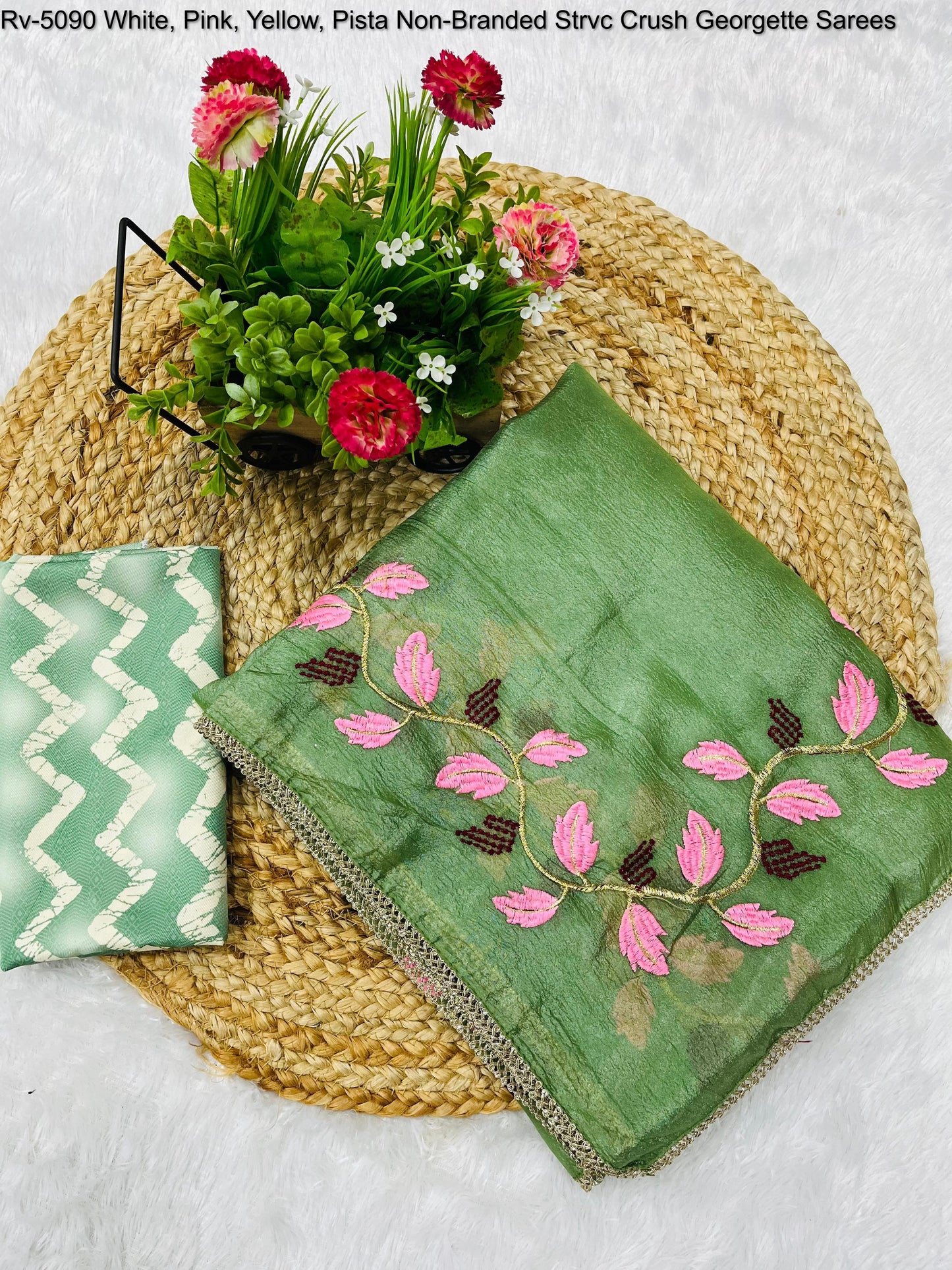 Rv-5090 White, Pink, Yellow, Pista Non-Branded Strvc Crush Georgette Sarees