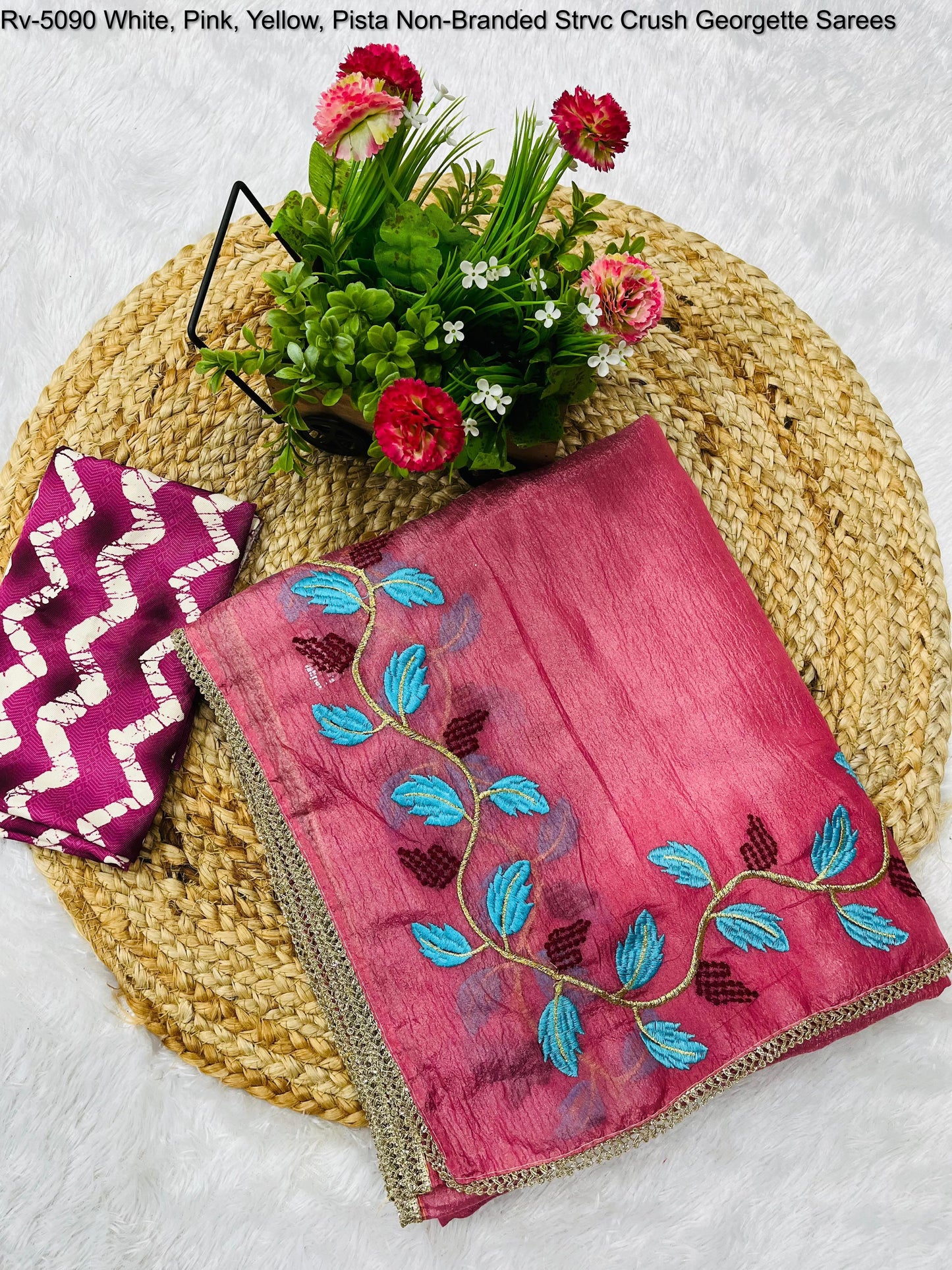 Rv-5090 White, Pink, Yellow, Pista Non-Branded Strvc Crush Georgette Sarees