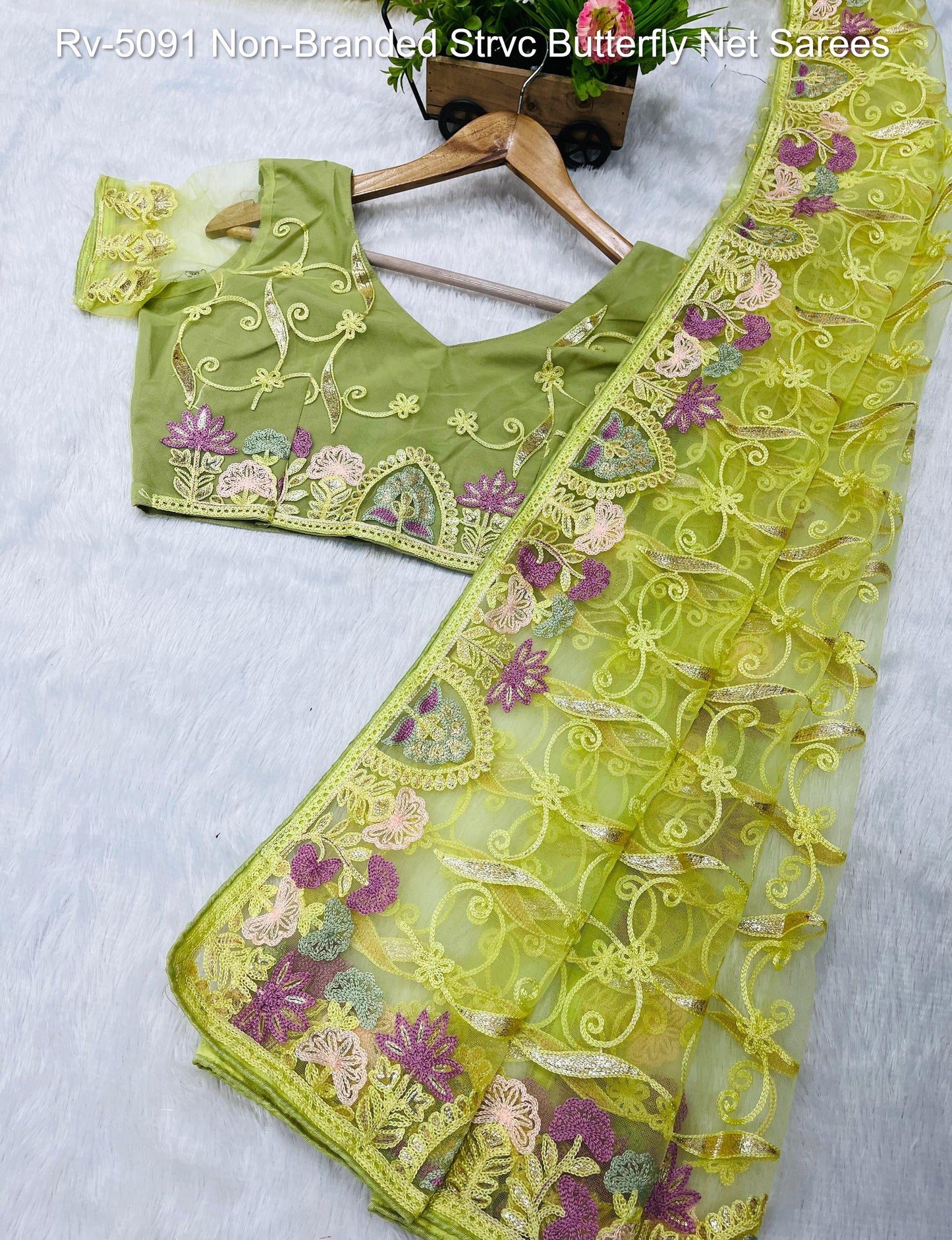 Rv-5091 Velly Green Lemon Green Peach Purple Non-Branded Strvc Butterfly Net Sarees