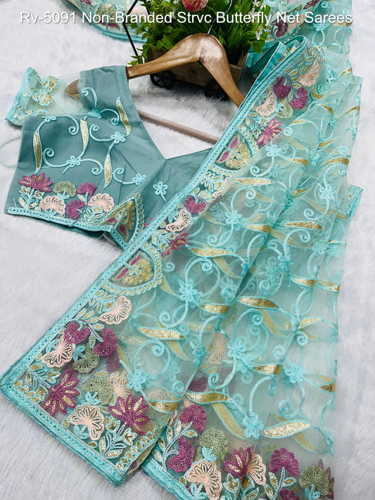 Rv-5091 Velly Green Lemon Green Peach Purple Non-Branded Strvc Butterfly Net Sarees