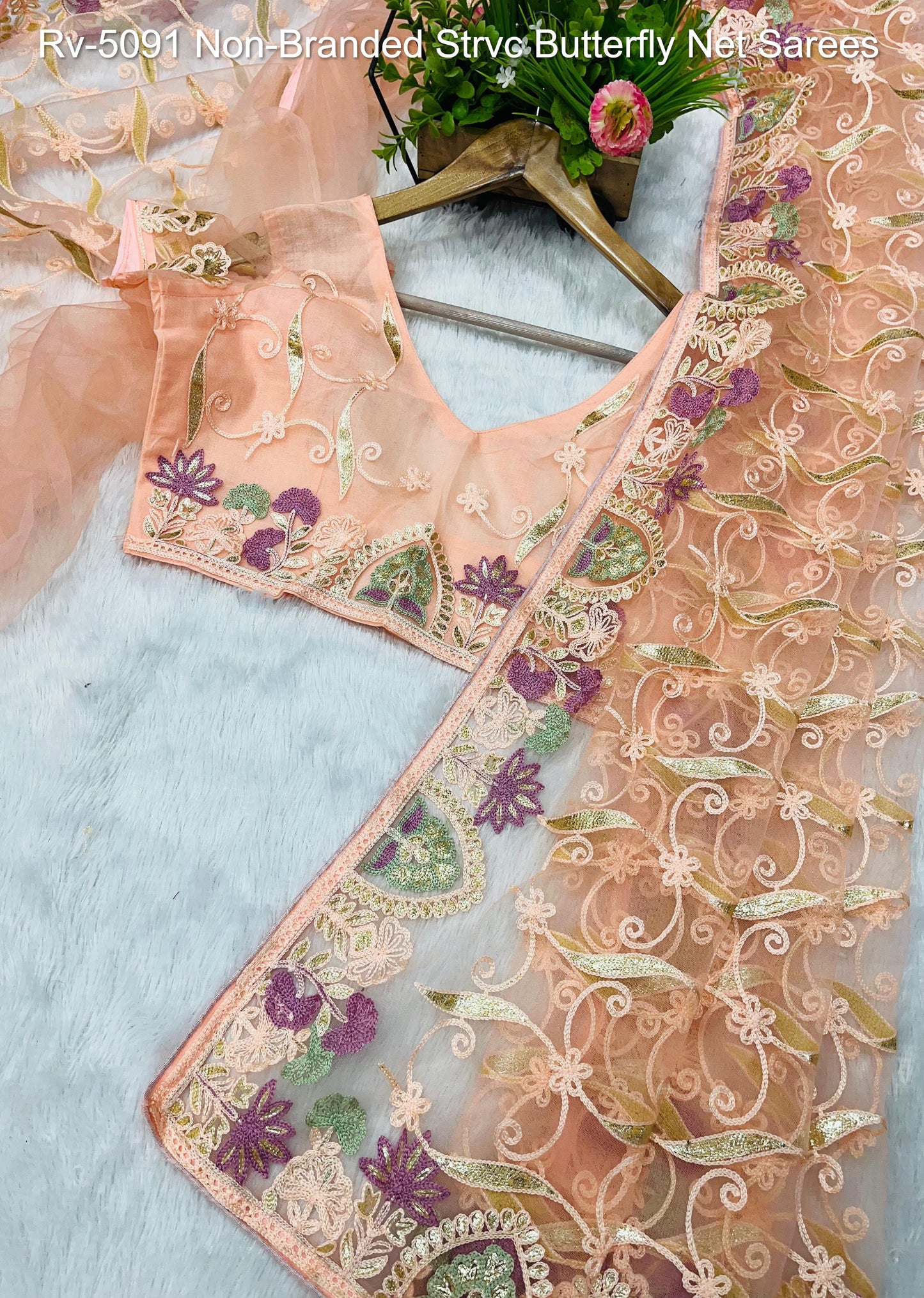 Rv-5091 Velly Green Lemon Green Peach Purple Non-Branded Strvc Butterfly Net Sarees