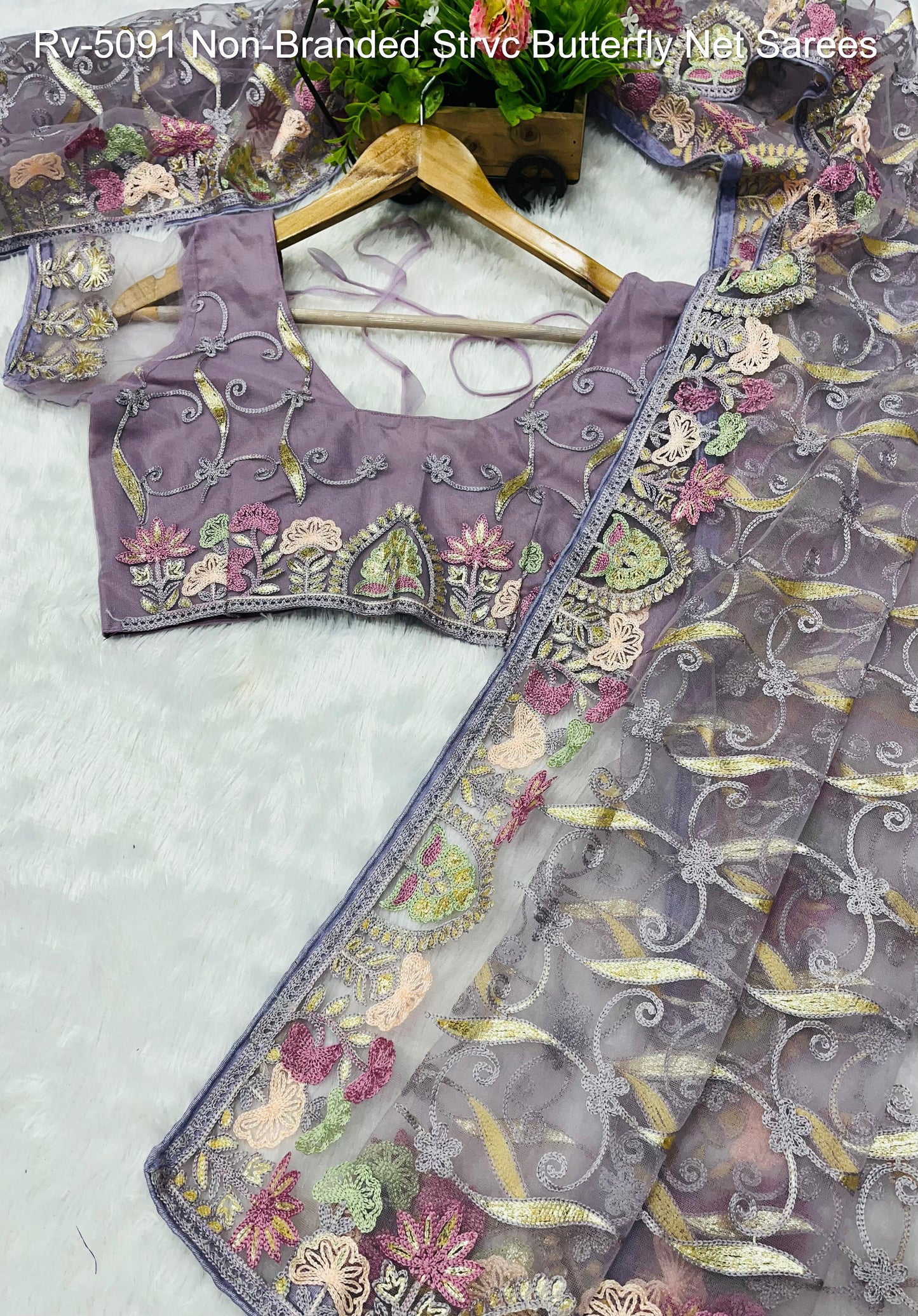 Rv-5091 Velly Green Lemon Green Peach Purple Non-Branded Strvc Butterfly Net Sarees