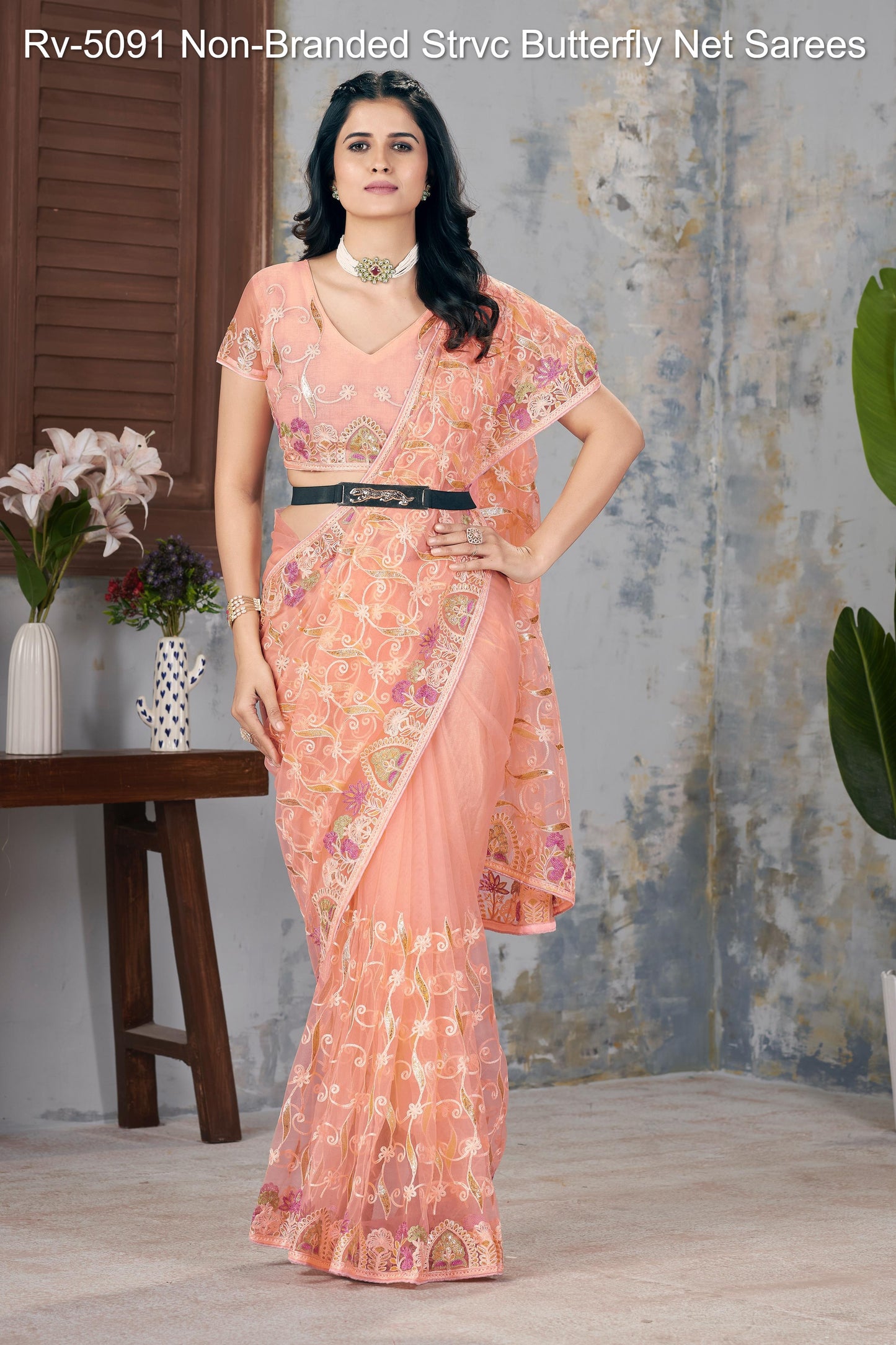 Rv-5091 Velly Green Lemon Green Peach Purple Non-Branded Strvc Butterfly Net Sarees