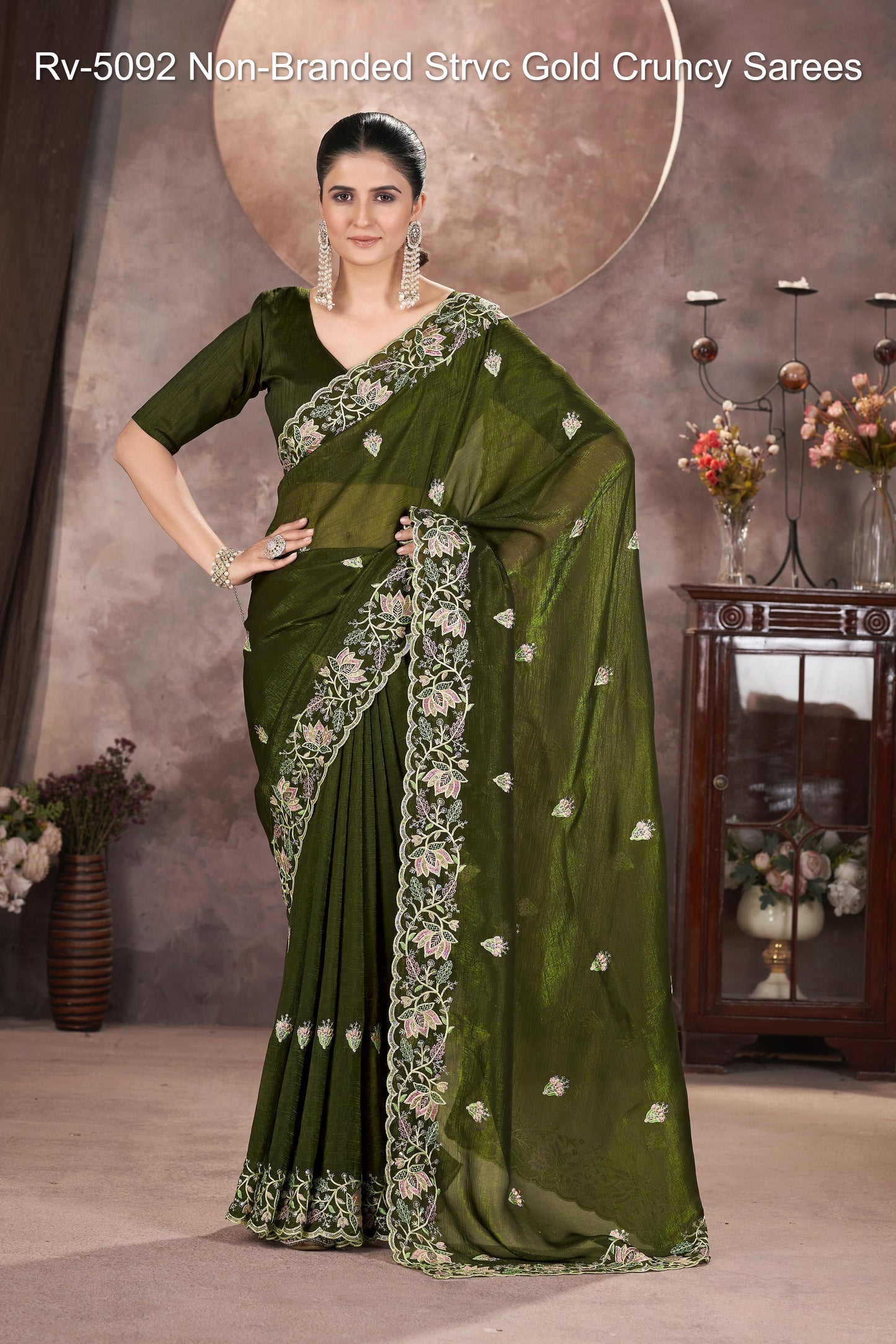 Rv-5092 Non-Branded Strvc Gold Cruncy Sarees