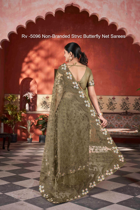 Rv -5096 Non-Branded Strvc Butterfly Net Sarees