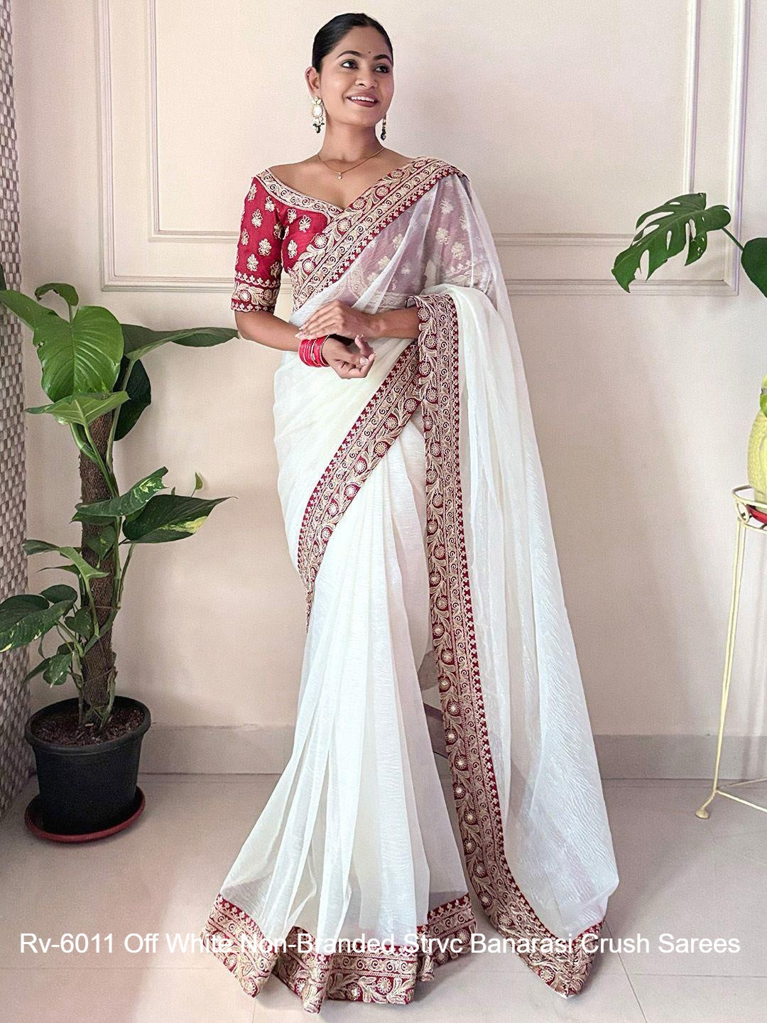 Rv-6011 Off White Non-Branded Strvc Banarasi Crush Sarees