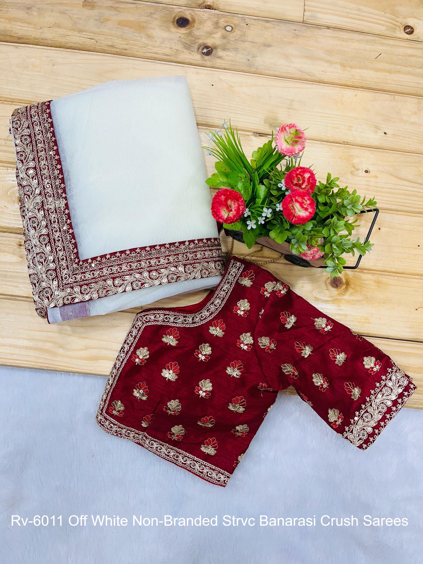 Rv-6011 Off White Non-Branded Strvc Banarasi Crush Sarees