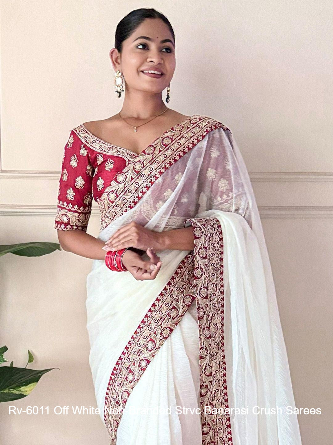 Rv-6011 Off White Non-Branded Strvc Banarasi Crush Sarees