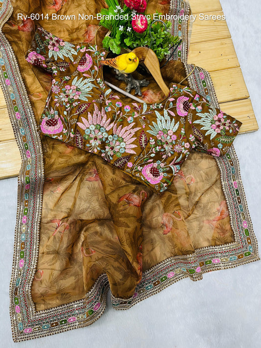 Rv-6014 Brown Non-Branded Strvc Embroidery Sarees