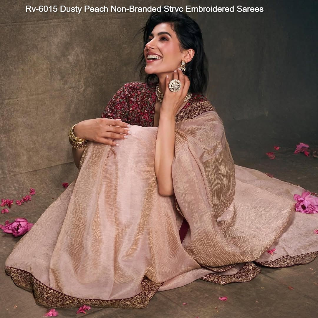 Rv-6015 Dusty Peach Non-Branded Strvc Embroidered Sarees