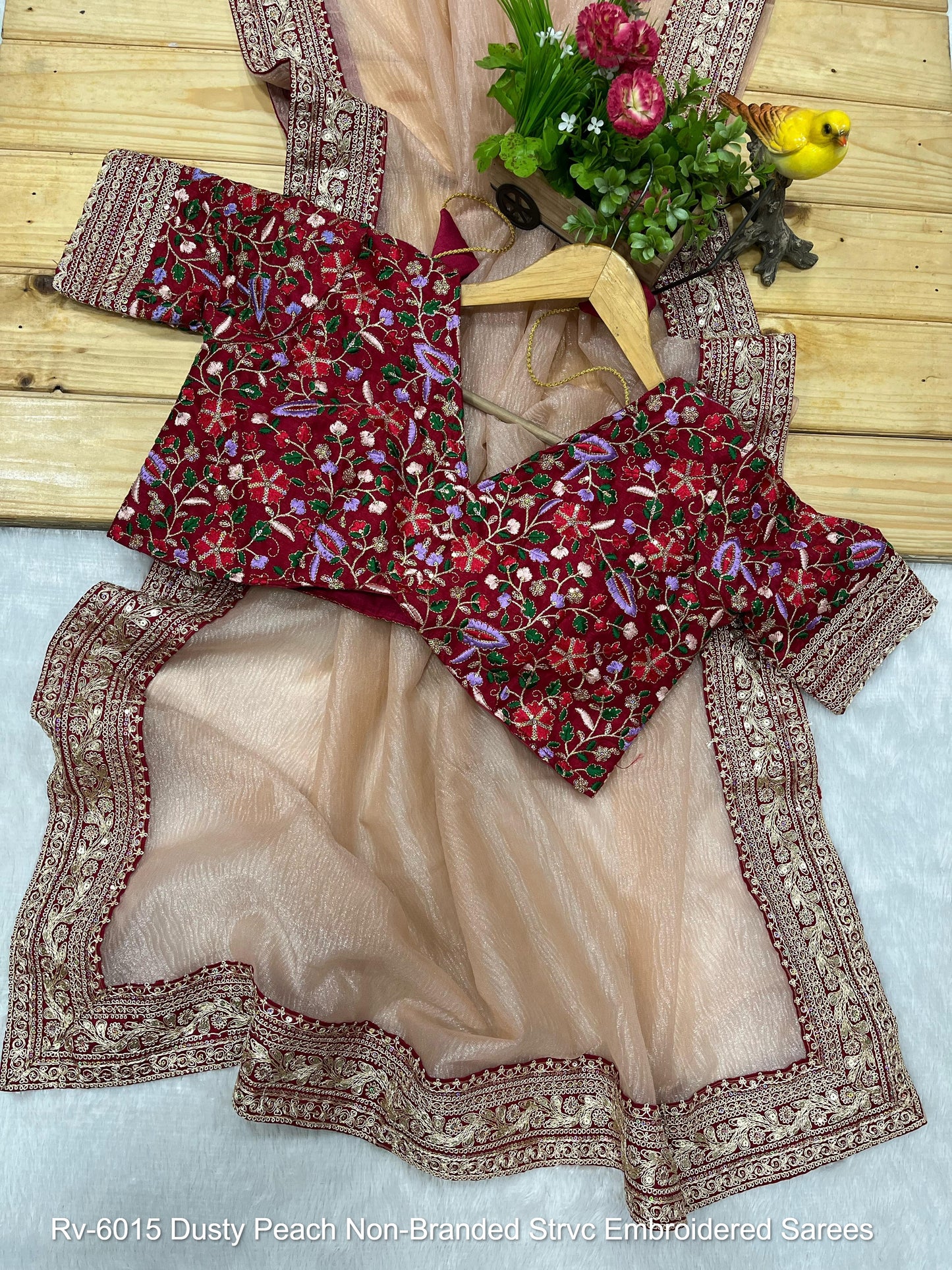 Rv-6015 Dusty Peach Non-Branded Strvc Embroidered Sarees