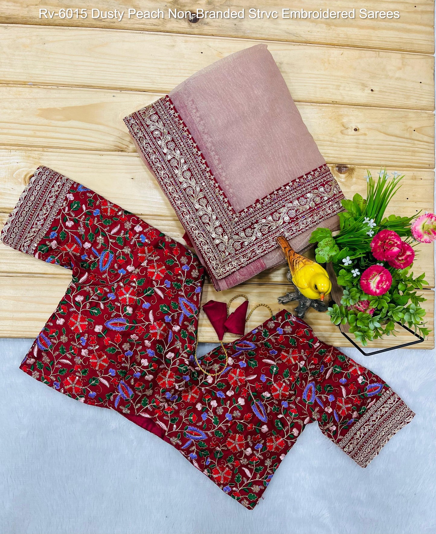 Rv-6015 Dusty Peach Non-Branded Strvc Embroidered Sarees