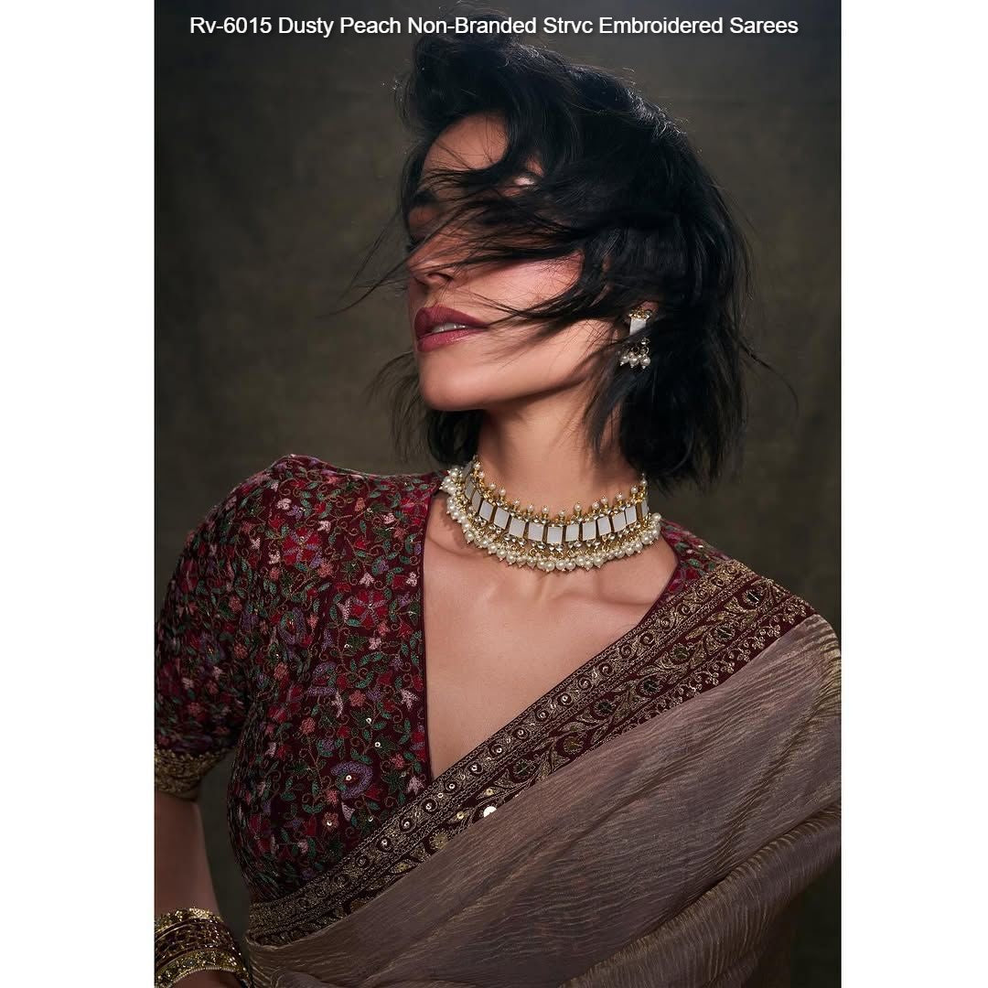 Rv-6015 Dusty Peach Non-Branded Strvc Embroidered Sarees