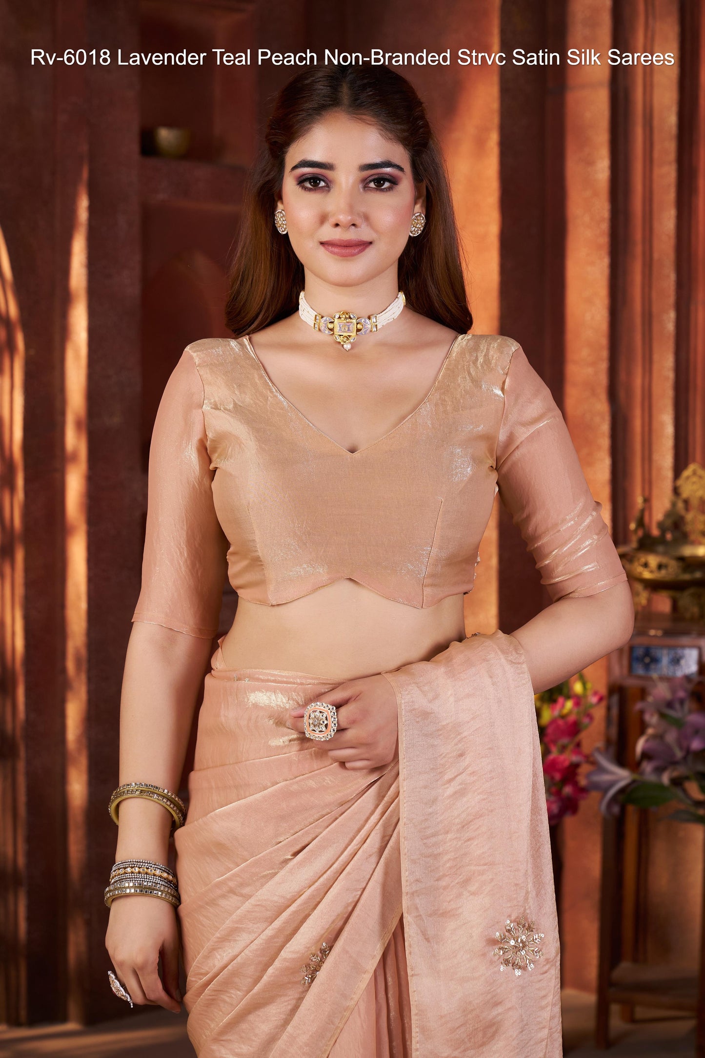 Rv-6018 Lavender Teal Peach Non-Branded Strvc Satin Silk Sarees