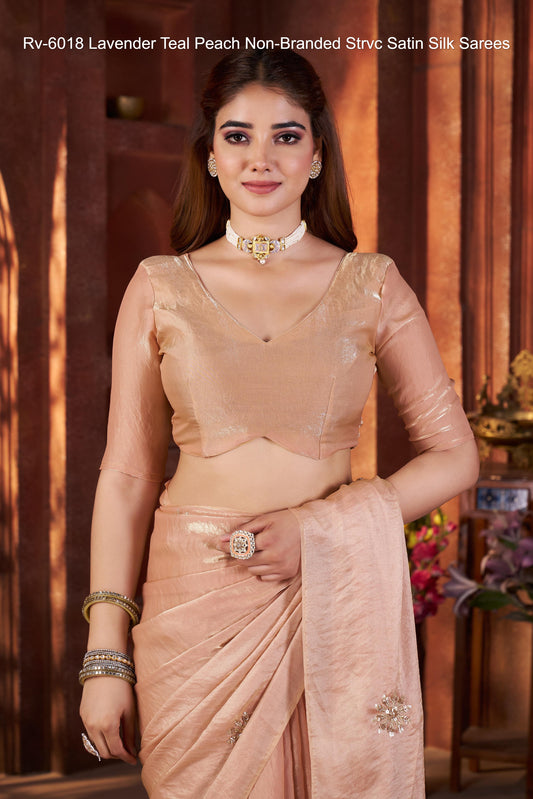 Rv-6018 Lavender Teal Peach Non-Branded Strvc Satin Silk Sarees