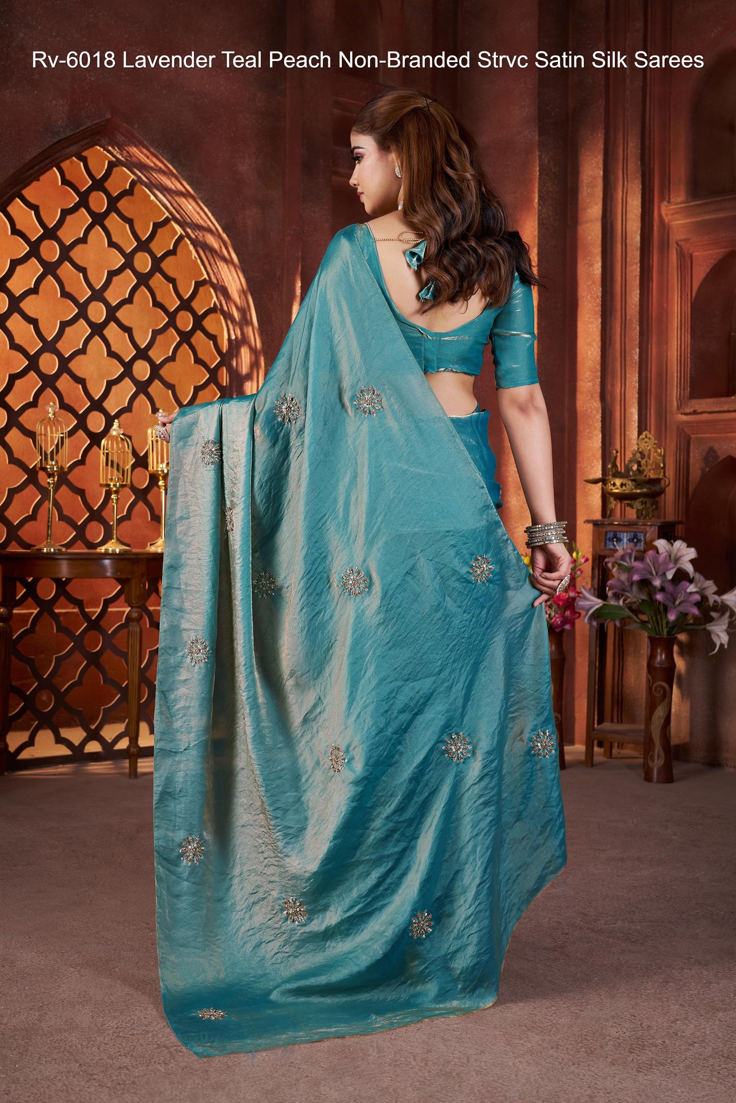 Rv-6018 Lavender Teal Peach Non-Branded Strvc Satin Silk Sarees