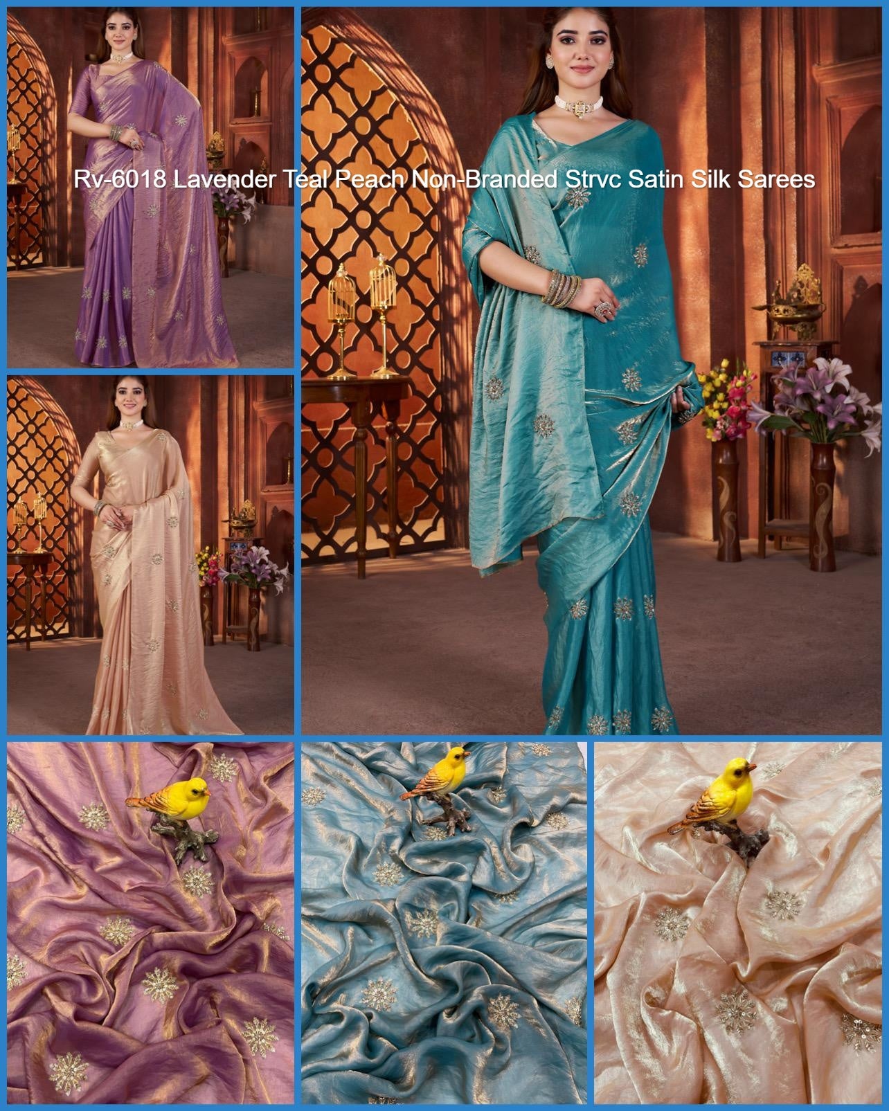 Rv-6018 Lavender Teal Peach Non-Branded Strvc Satin Silk Sarees