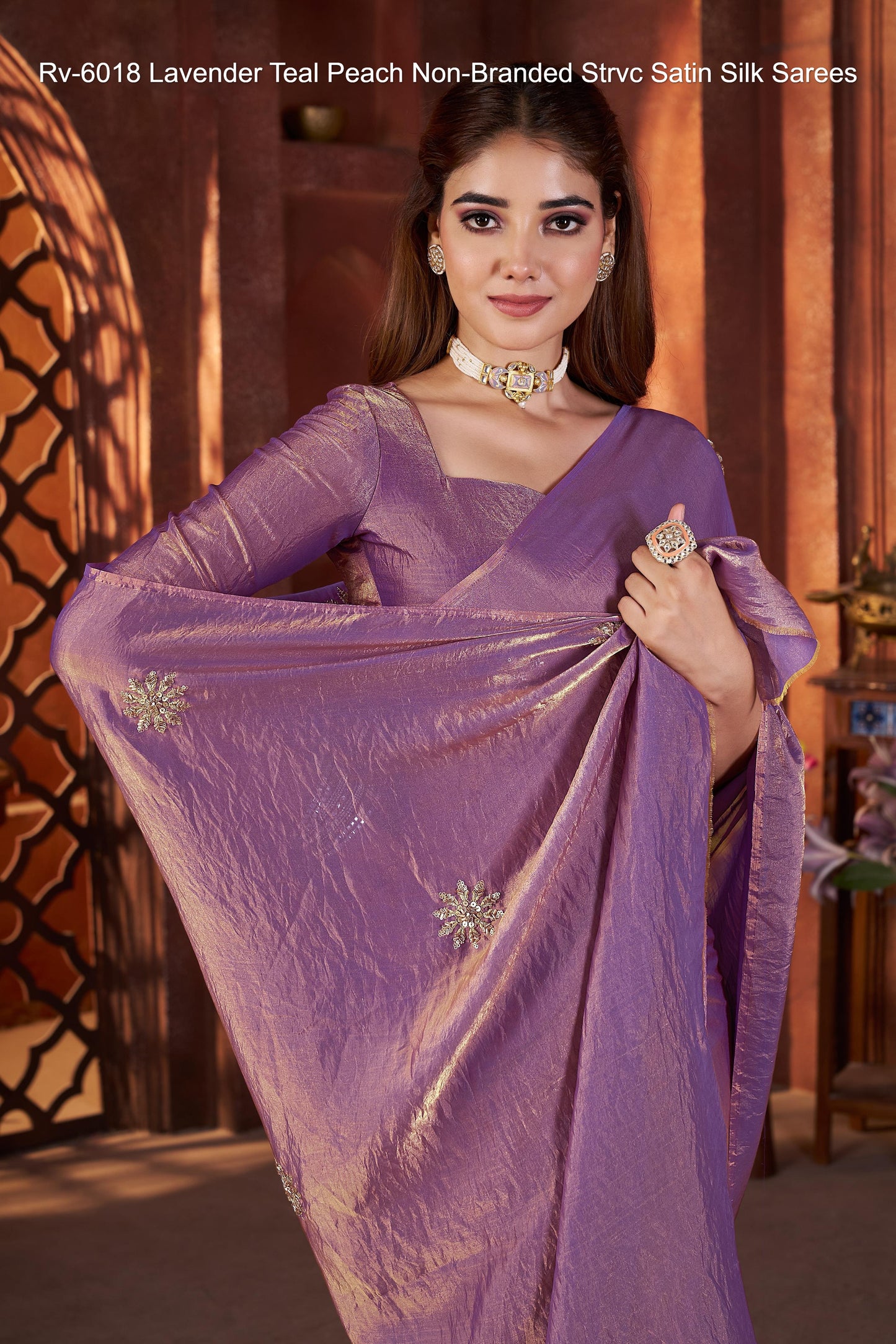 Rv-6018 Lavender Teal Peach Non-Branded Strvc Satin Silk Sarees