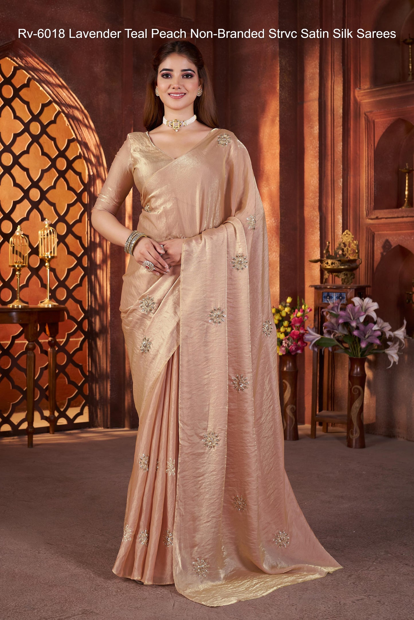 Rv-6018 Lavender Teal Peach Non-Branded Strvc Satin Silk Sarees