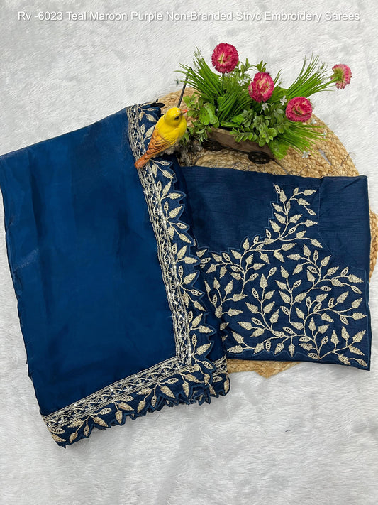Rv -6023 Teal Maroon Purple Non-Branded Strvc Embroidery Sarees