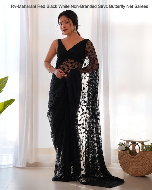 Rv-Maharani Red Black White Non-Branded Strvc Butterfly Net Sarees