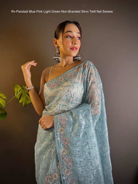 Rv-Pandadi Blue Pink Light Green Non-Branded Strvc Twill Net Sarees