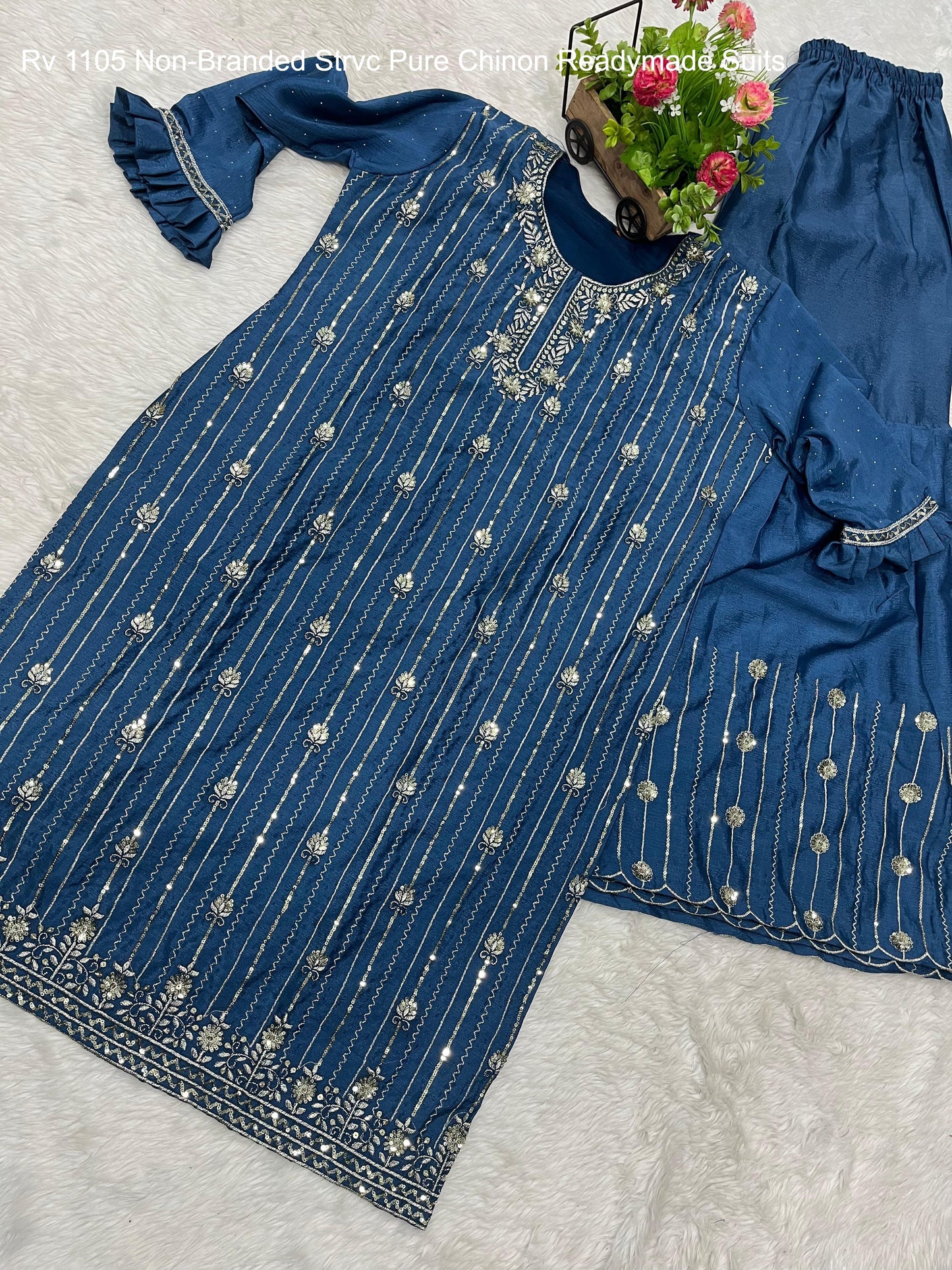 Rv 1105 Blue, Pink Non-Branded Strvc Pure Chinon Readymade Suits