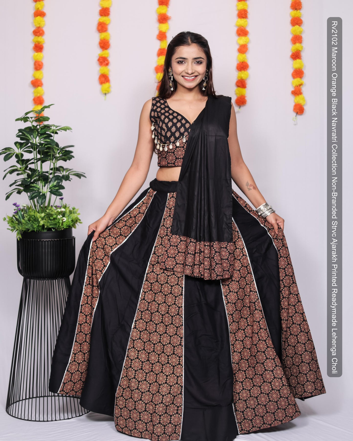 Rv2102 Maroon Orange Black Navratri Collection Non-Branded Strvc Ajarakh Printed Readymade Lehenga Choli