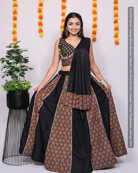 Rv2102 Maroon Orange Black Navratri Collection Non-Branded Strvc Ajarakh Printed Readymade Lehenga Choli