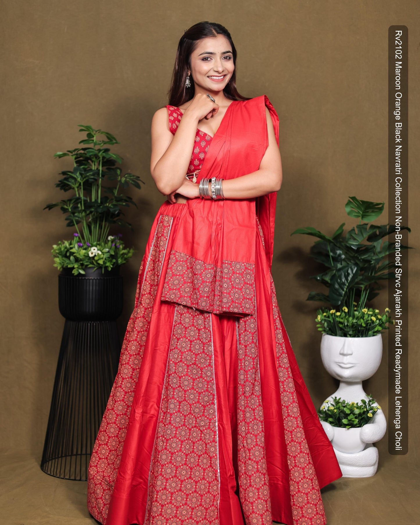 Rv2102 Maroon Orange Black Navratri Collection Non-Branded Strvc Ajarakh Printed Readymade Lehenga Choli