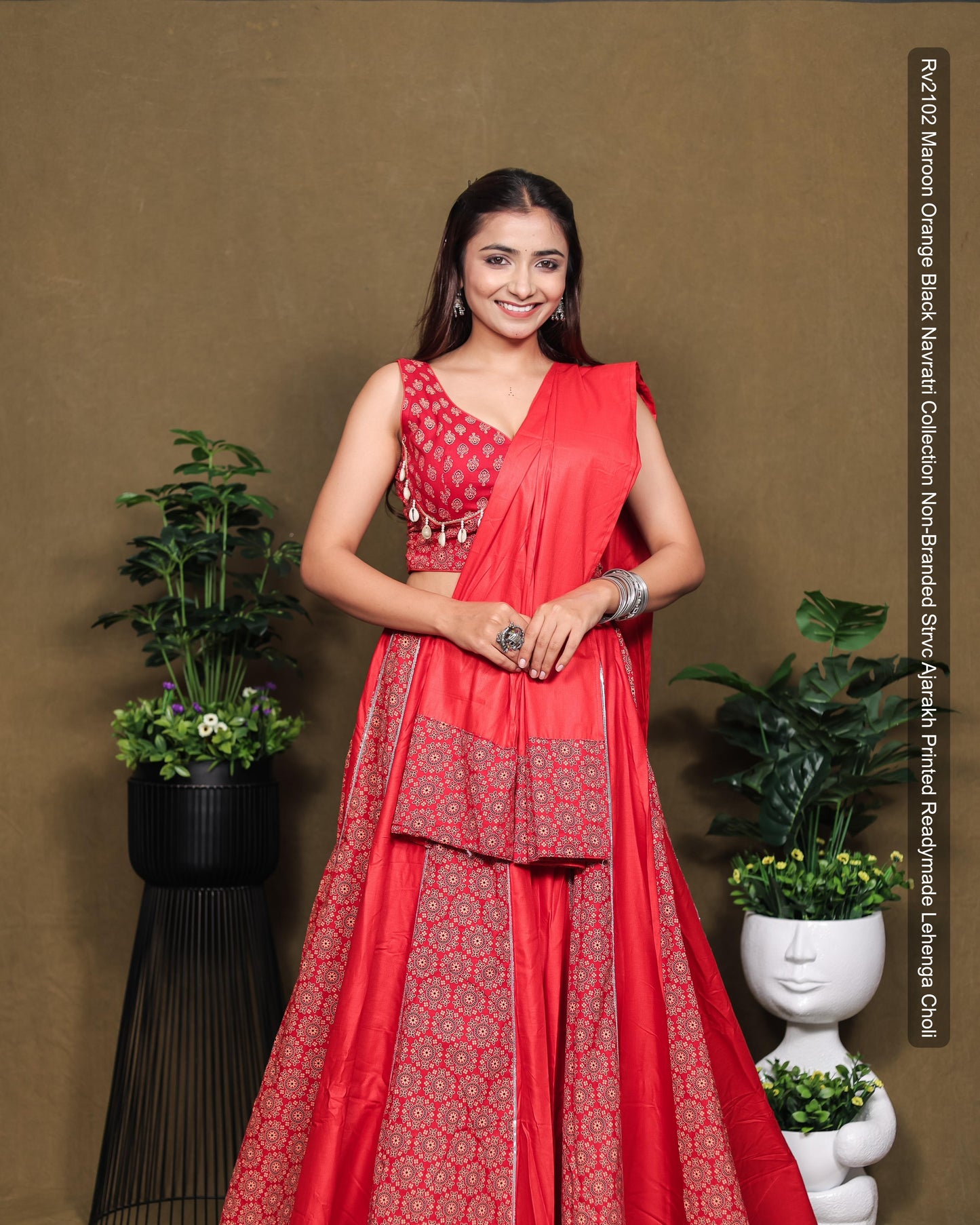 Rv2102 Maroon Orange Black Navratri Collection Non-Branded Strvc Ajarakh Printed Readymade Lehenga Choli
