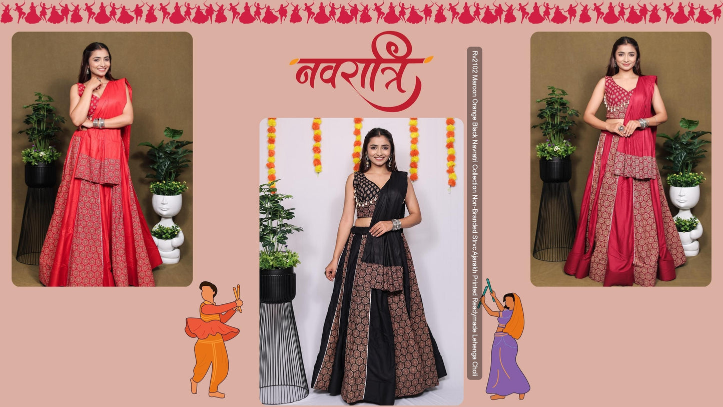 Rv2102 Maroon Orange Black Navratri Collection Non-Branded Strvc Ajarakh Printed Readymade Lehenga Choli