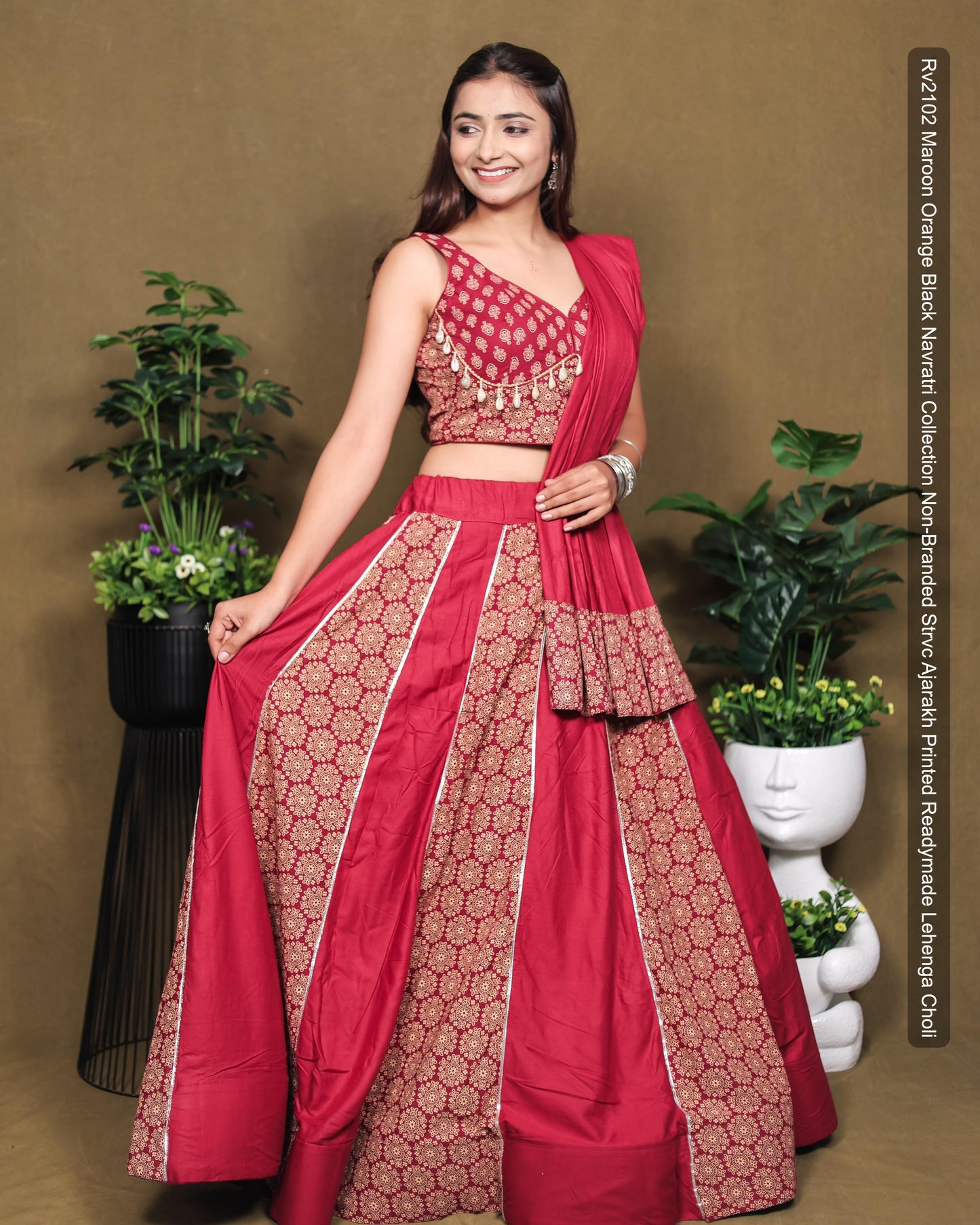 Rv2102 Maroon Orange Black Navratri Collection Non-Branded Strvc Ajarakh Printed Readymade Lehenga Choli