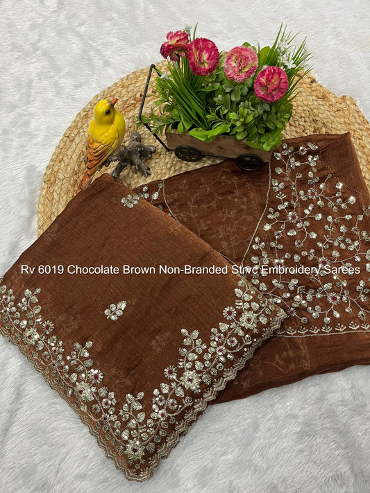 Rv 6019 Chocolate Brown Non-Branded Strvc Embroidery Sarees
