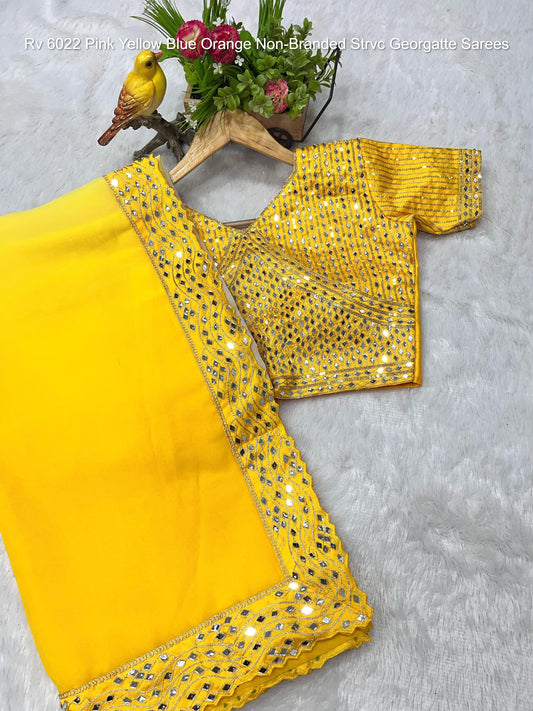 Rv 6022 Pink Yellow Blue Orange Non-Branded Strvc Georgatte Sarees