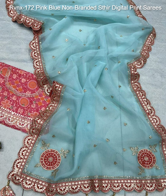 Rvnx-172 Pink Blue Non-Branded Sthir Digital Print Sarees