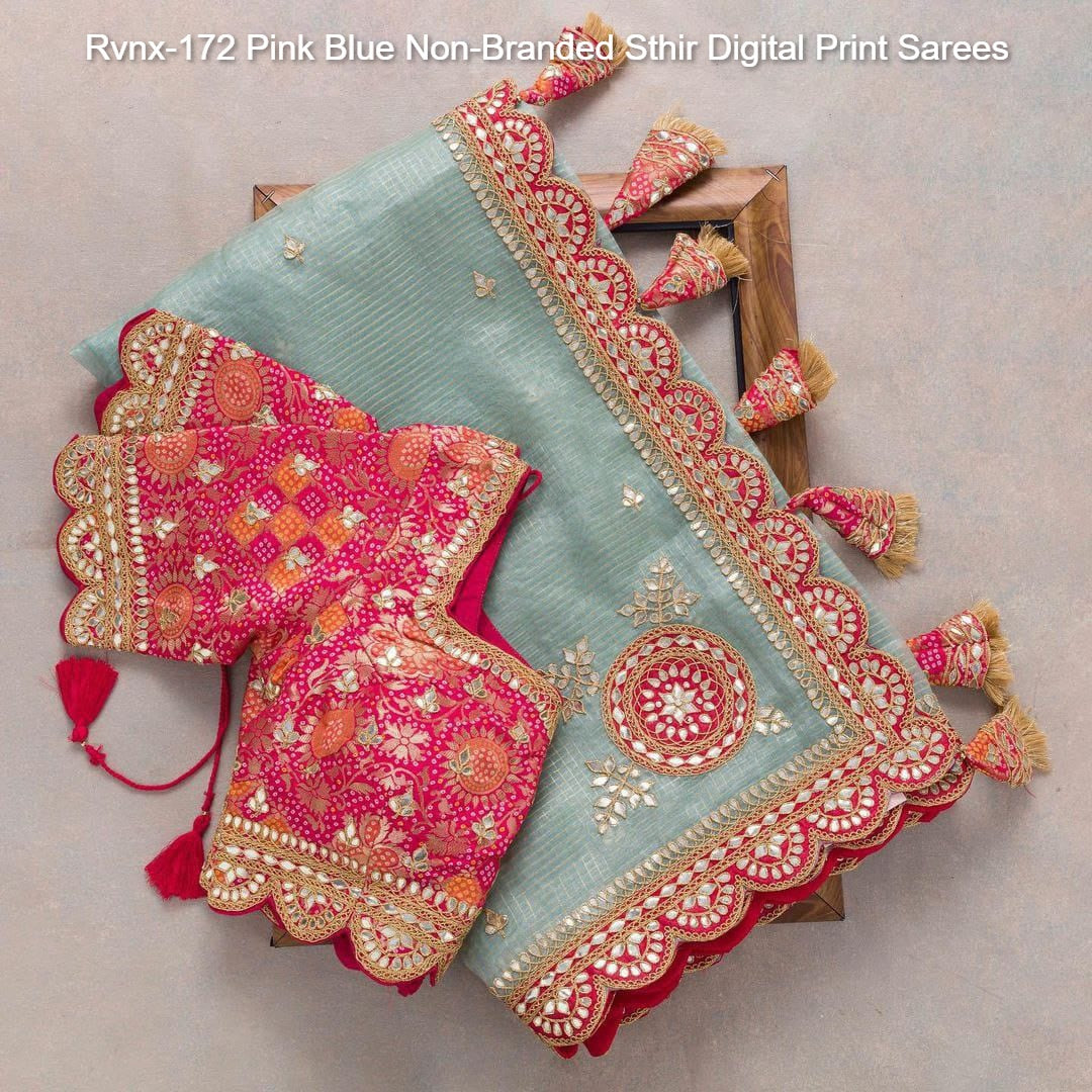 Rvnx-172 Pink Blue Non-Branded Sthir Digital Print Sarees