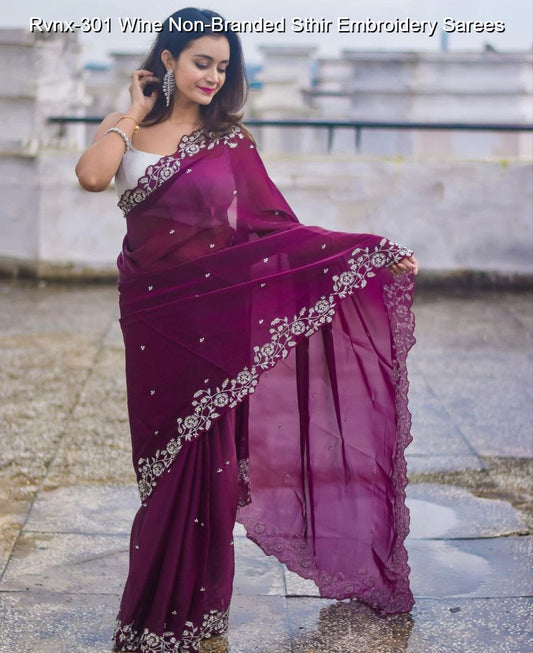 Rvnx-301 Wine Non-Branded Sthir Embroidery Sarees