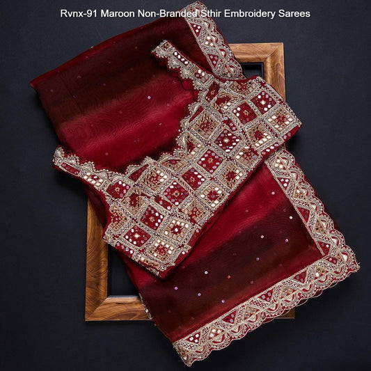 Rvnx-91 Maroon Non-Branded Sthir Embroidery Sarees