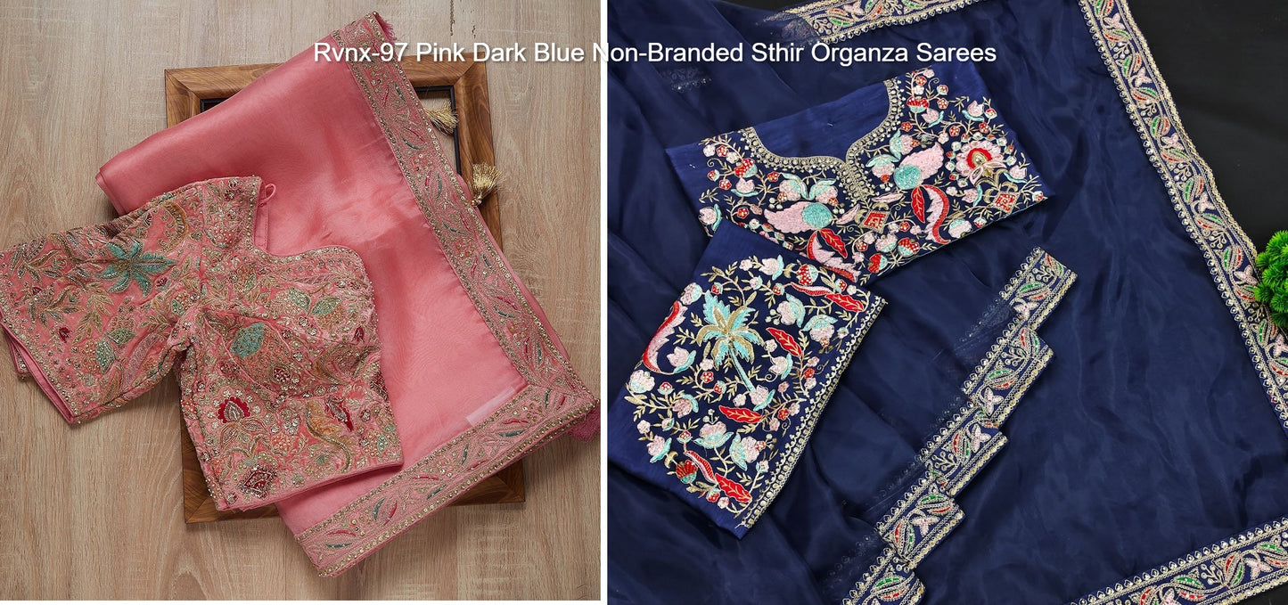 Rvnx-97 Pink Dark Blue Non-Branded Sthir Organza Sarees