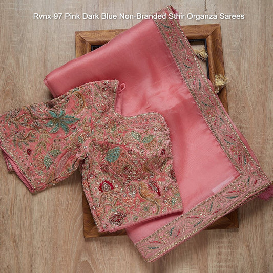Rvnx-97 Pink Dark Blue Non-Branded Sthir Organza Sarees