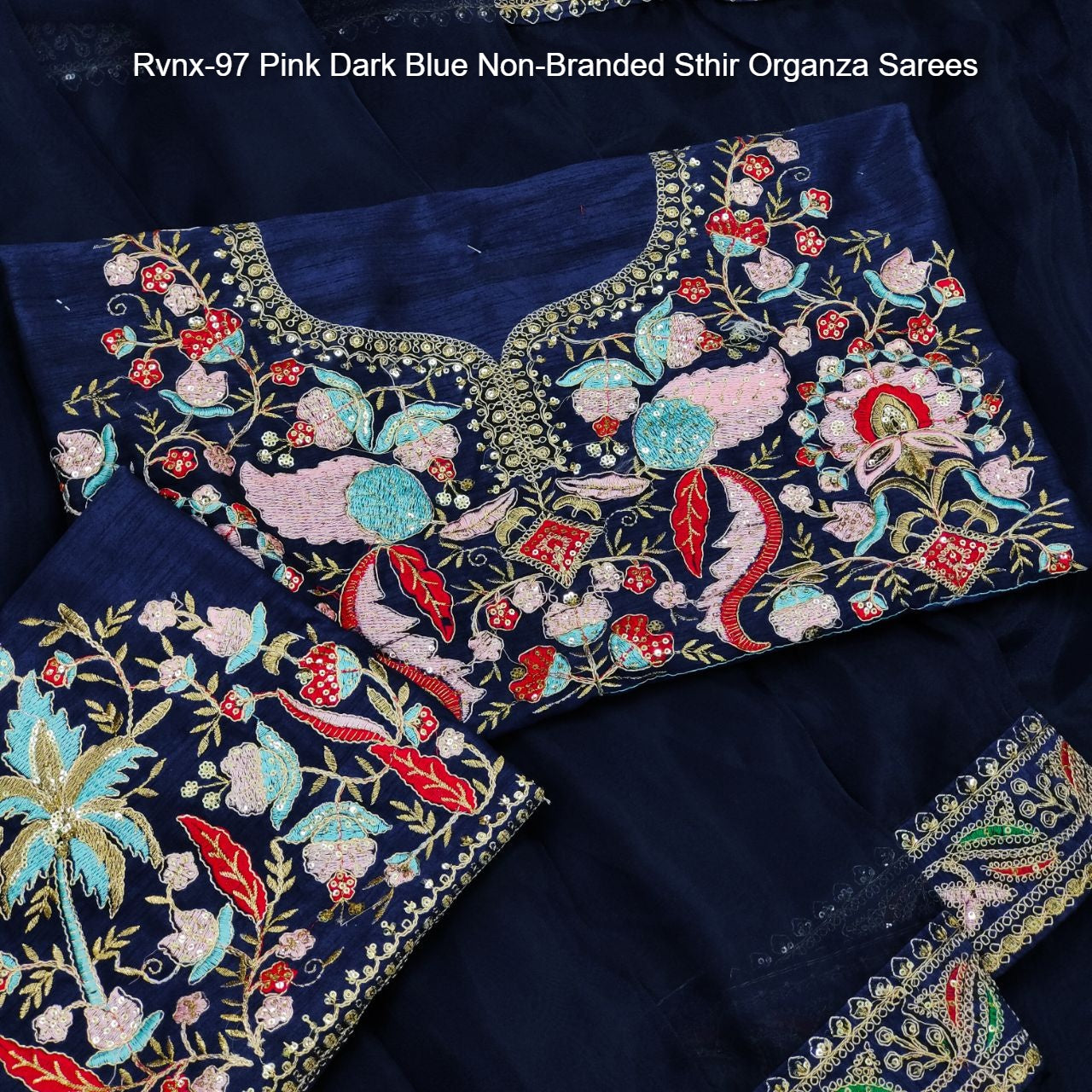 Rvnx-97 Pink Dark Blue Non-Branded Sthir Organza Sarees